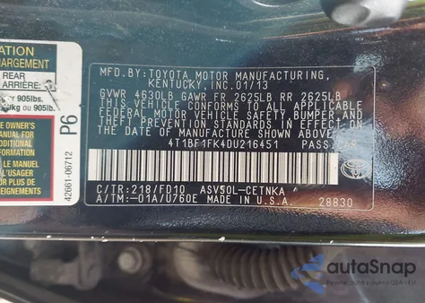 2013 Toyota Camry Le z USA, uszkodzony, nr VIN 4T1BF1FK4DU216451